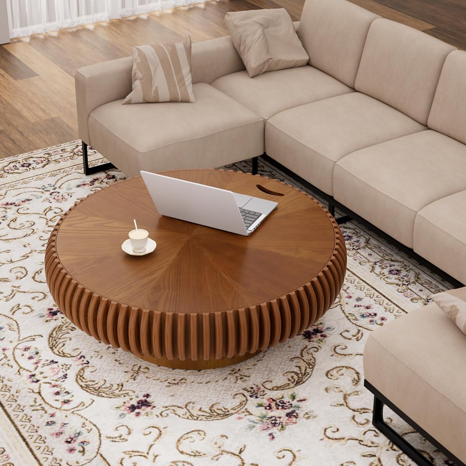 39.37'' Round Drum Coffee Table with Hidden Storage, Modern Fluted Coffee Tables with Solid Wood Veneer, Wooden Circle Center Table for Living Room, Small Spaces, and Apartments, Easy Assembly