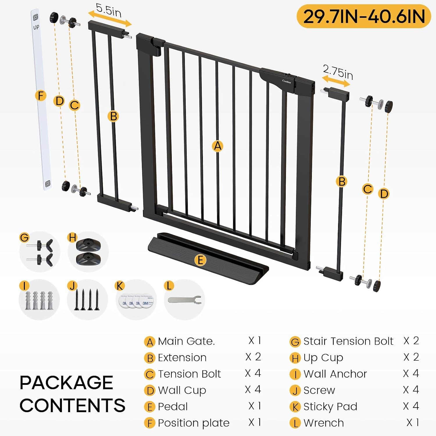 Cumbor 2 Pack 29.7-40.6' Baby Gate for Stairs, Mom's Choice Awards Winner-Auto Close Dog Gate for doorways, Pressure Mounted Pet Gates Indoor, Easy Walk Thru Wide Safety Child Gate for Dog, Black