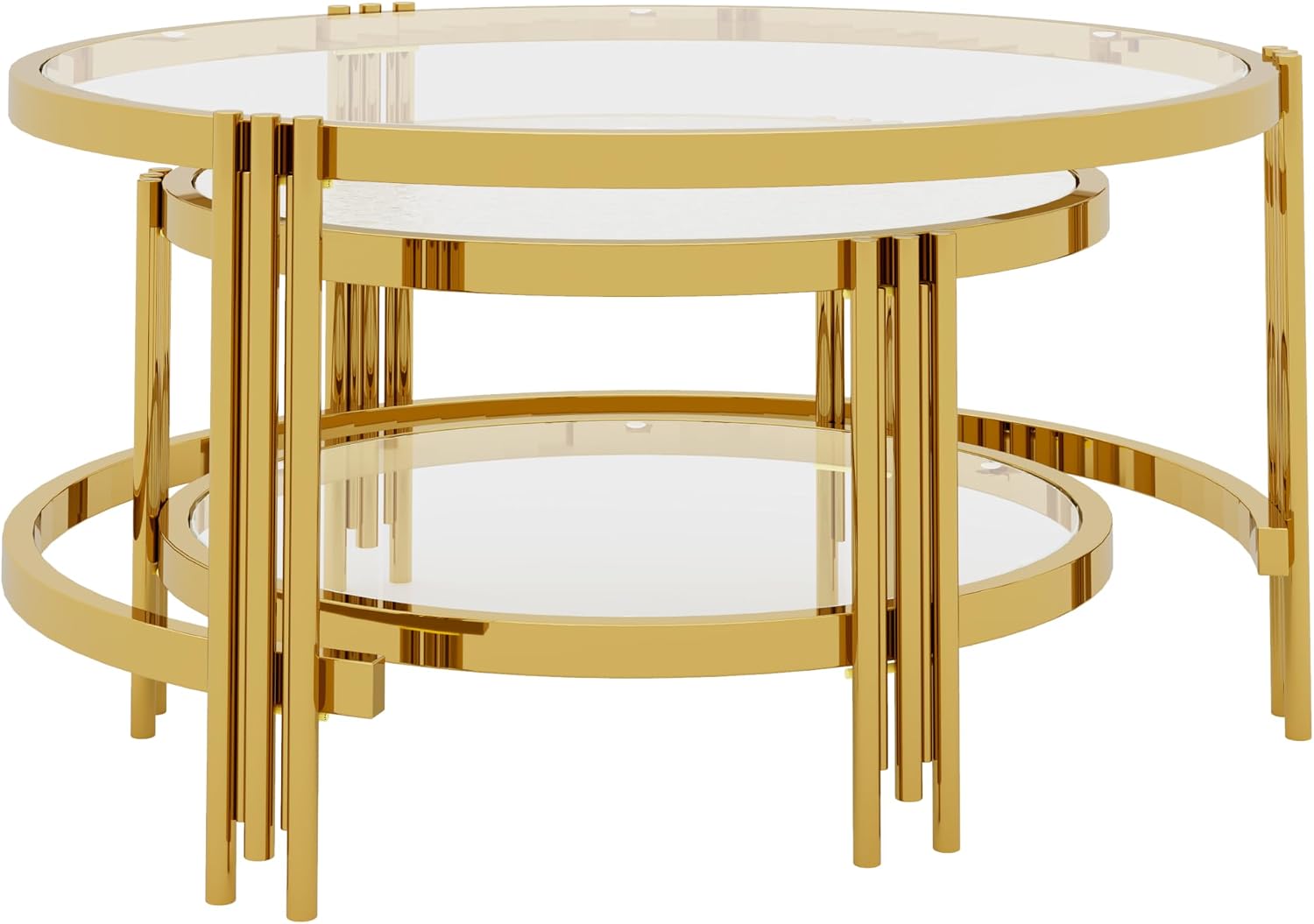 Merax 2-Piece Nesting Round Coffee Table Set, Gold Finish Metal Frame with Textured Tempered Glass Tops, Modern Stylish Accent & Side Table for Living Room, Bedroom, Apartment, Office, Transparent