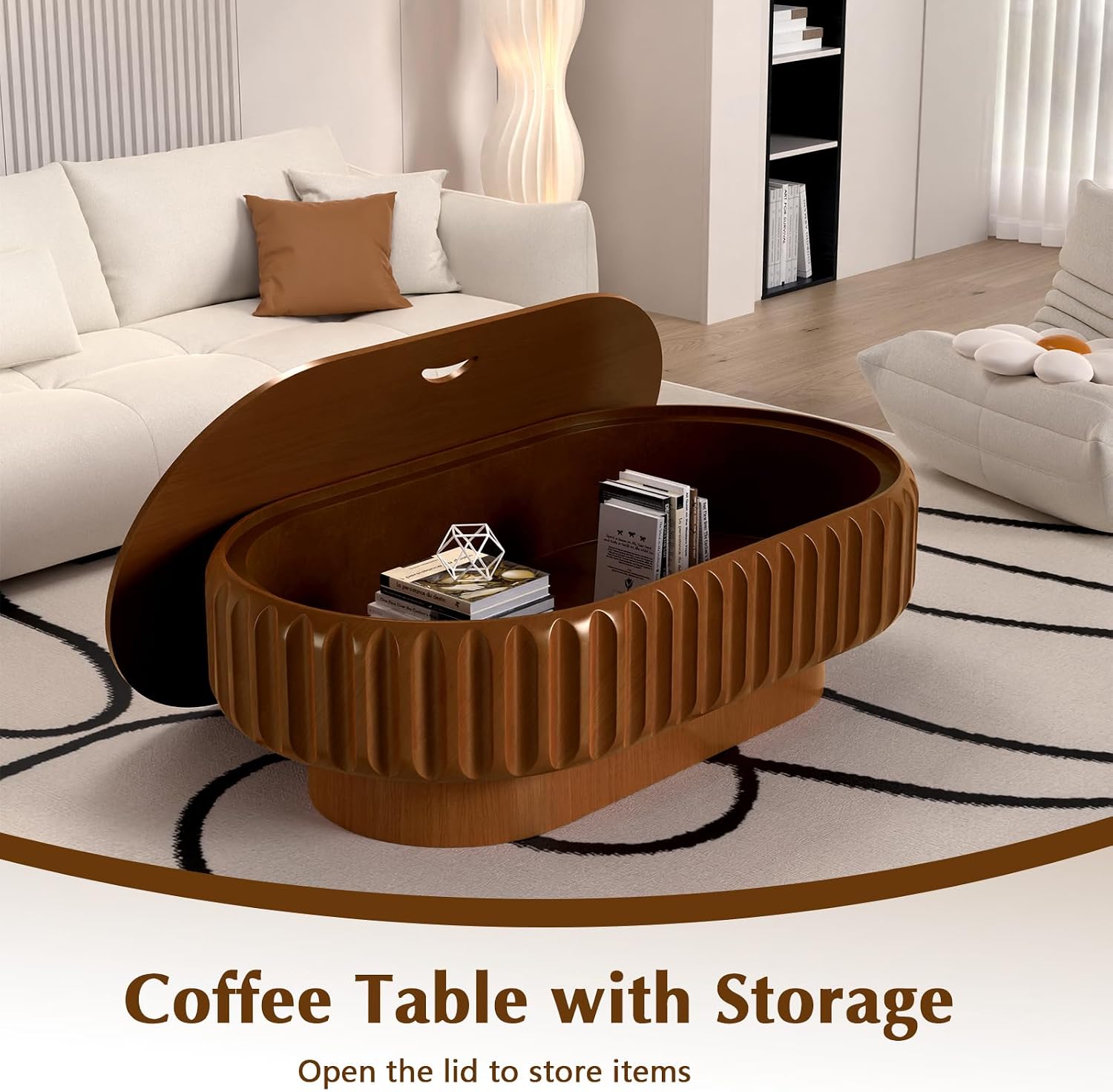 Round Drum Coffee Table White Fluted Coffee Table Circle Center Table Pedestal End Table for Apartment (43.3in)