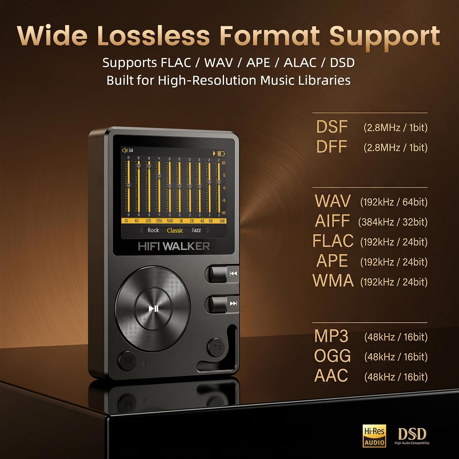 HIFI WALKER H2, High Resolution MP3 Player with Bluetooth5.2, DSD DAC, HiFi Portable Digital Audio Player Lossless High-Res Music Player with 128GB Memory Card, Support Up to 512GB