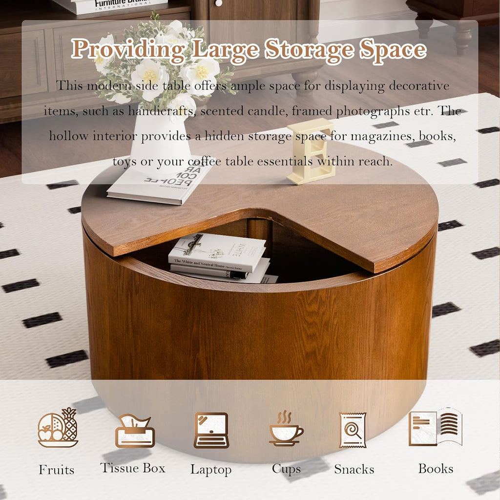 27.16' Modern Walnut Side Table with Storage, Mid Century Round Sofa End Table - 360° Rotation Tabletop for Small Space No Assemble Required (Walnut 27.16in)