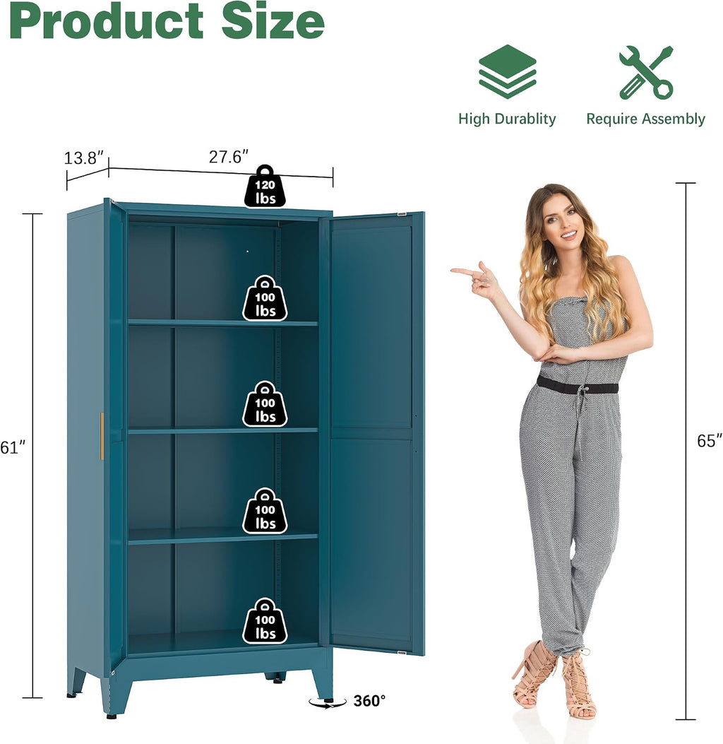 Bevivog Bathroom Storage Cabinet Freestanding, 61' Tall Metal Cabinets with Doors and Shelves, Blue Metal Pantry Cabinet for Kitchen, Living Room, Home Office