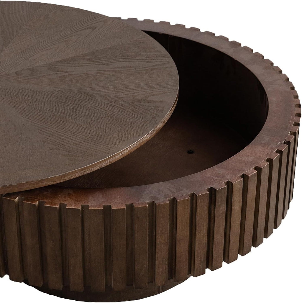 Round Coffee Table with Storage for Living Room Modern Brown Fluted Coffee Table Round Storage Drum Coffee Tables Low Circle Pedestal Center Table for Small Spaces (B Brown, 31.4 in)