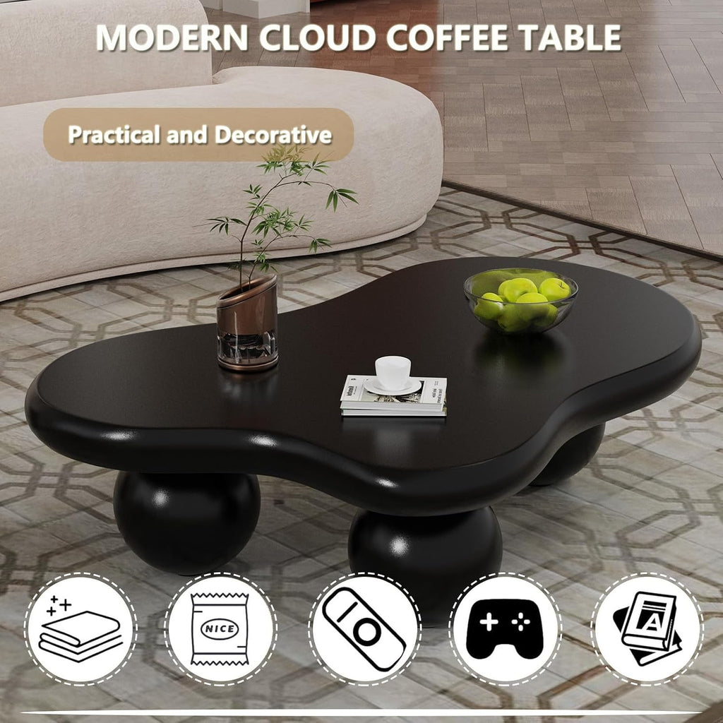 46' Black Cloud Shaped Coffee Table Irregular Coffee Table Cute Irregular Wooden Modern Center Tables with 3 Ball Legs for Bedroom Apartment, Living Room, Farmhouse (A46IN)