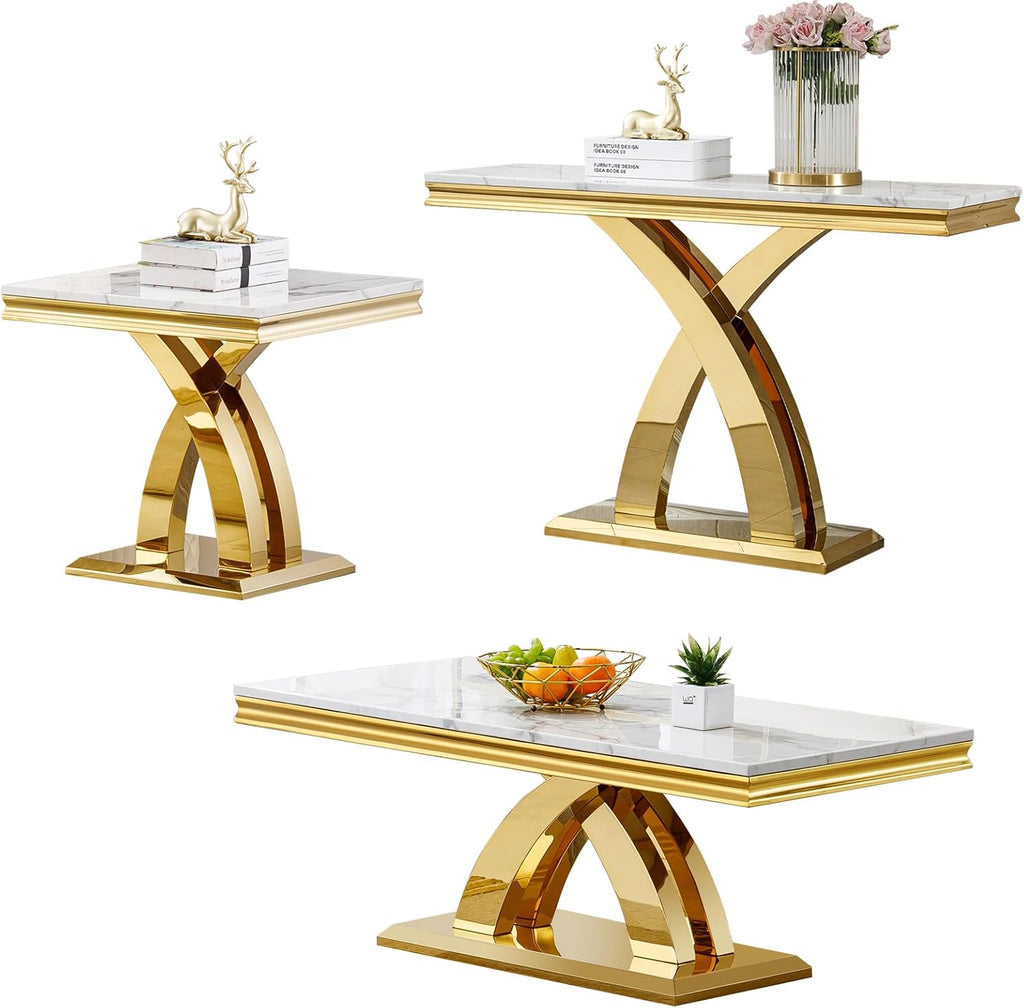 Marble Coffee Table Set of 3, 3 Piece Living Room Table Set Include 1 Coffee Table & 1 End Table & 1 Console Table, Modern White Gold Coffee Sofa Table Sets with Double X Shape Stainless Steel Base