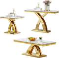 3 Pieces Living Room Table Set, Faux Marble Coffee Table Set of 3, Modern Coffee Table, Console Table and End Table with X-Shaped Stainless Steel Base for Living Room (White Gold)