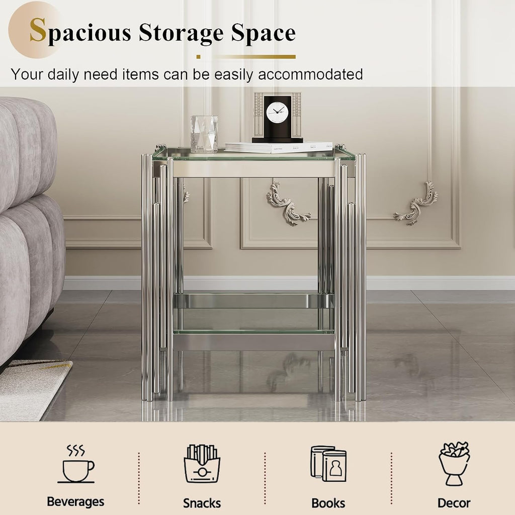 Modern Glass End Table,Sqaure Sofa Side Table with Shiny Geometric Stainless Steel Base,Clear Glass Accent End Table Bedside Table Nightstand for Living Room Bedroom Office