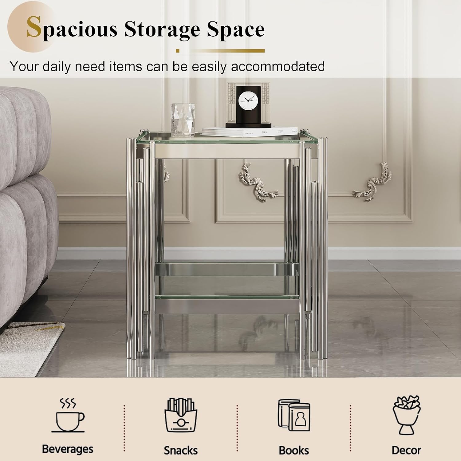 Modern Glass End Table, 20' Suqare Side Table with Silver Mirrored Stainless Steel Frame, 2-Tier Clear Glass End Table Nightstand Pedestal Stand Lamp Table for Living Room, Bedroom, Office