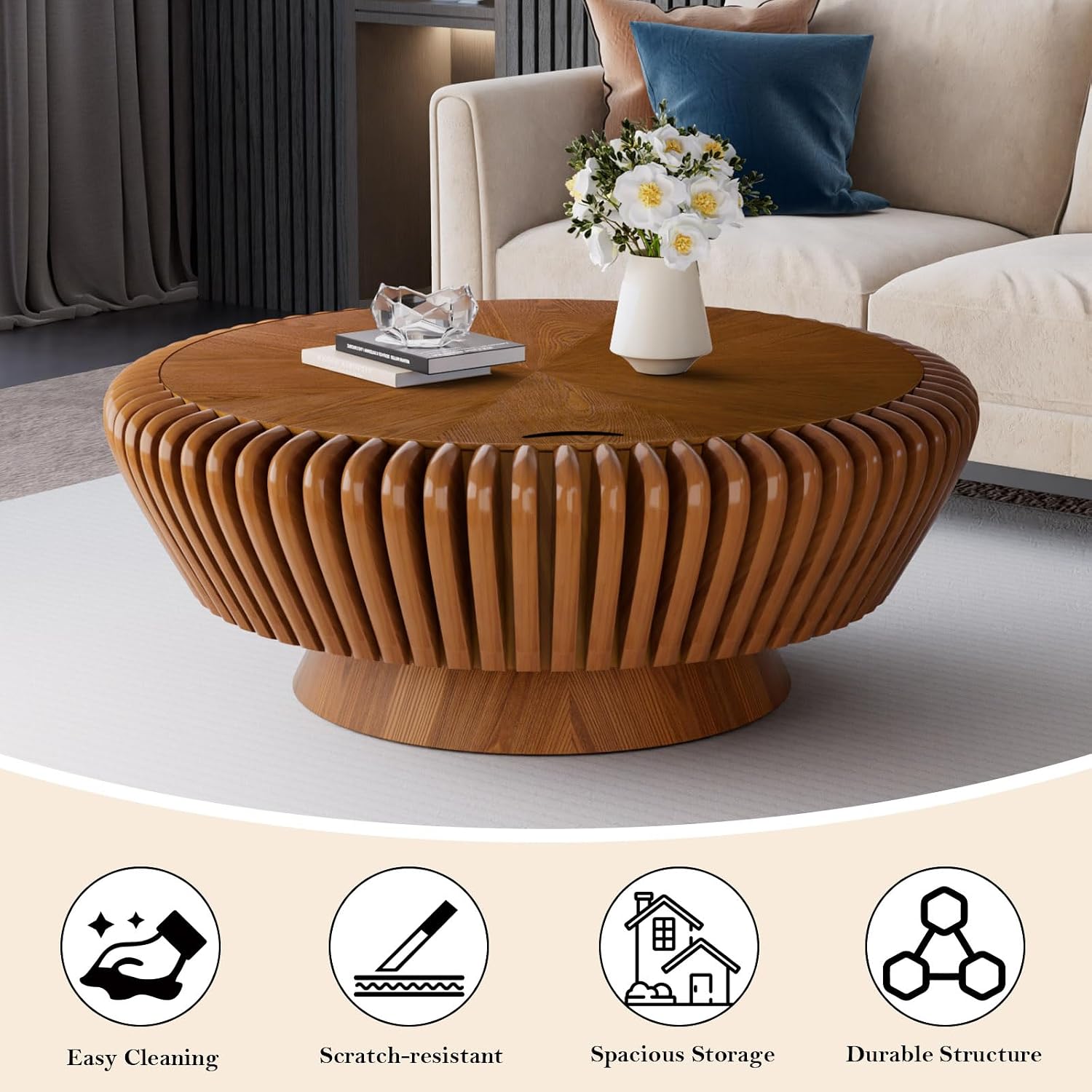 35.4' Fluted Coffee Table with Storage Rustic Chic Circle Drum Center Tables - Handcraft Solid Wood Fluted Veneer for Living Room (M Brown 35.4in)
