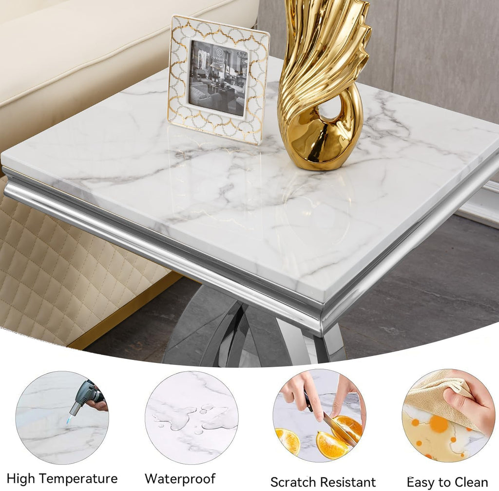 Modern Marble End Table,22' Suqare Side Table with Silver X-Shape Stainless Steel Base,Luxury White Faux Marble End Table Nightstand Pedestal Stand Lamp Table for Hallway, Living Room, Bedroom