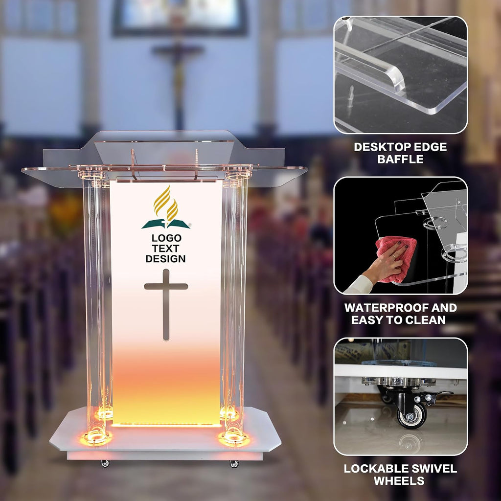 Church Pulpit,Logo&Text Personalization Pulpit with Wheels,Led Acrylic Church Podium with Hollow Cross Design,46'Transparent Lecterns for Churches,Classroom