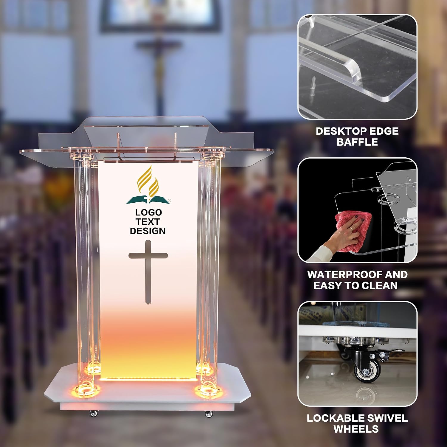 Church Pulpit,Logo&Text Personalization Pulpit with Wheels,Led Acrylic Church Podium with Hollow Cross Design,46'Transparent Lecterns for Churches,Classroom