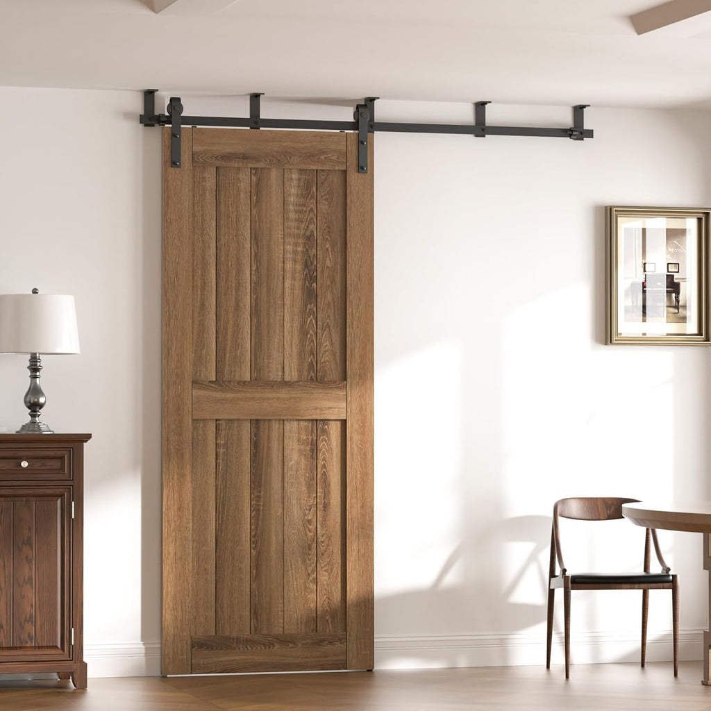 CCJH 5.5FT Ceiling Mount Bracket Sliding Barn Door Hardware Kit Black,Strong Bearing, Low Ceiling L-Shape Bracket System, Fit 33' Wide Single Door Panel (Basic Style)