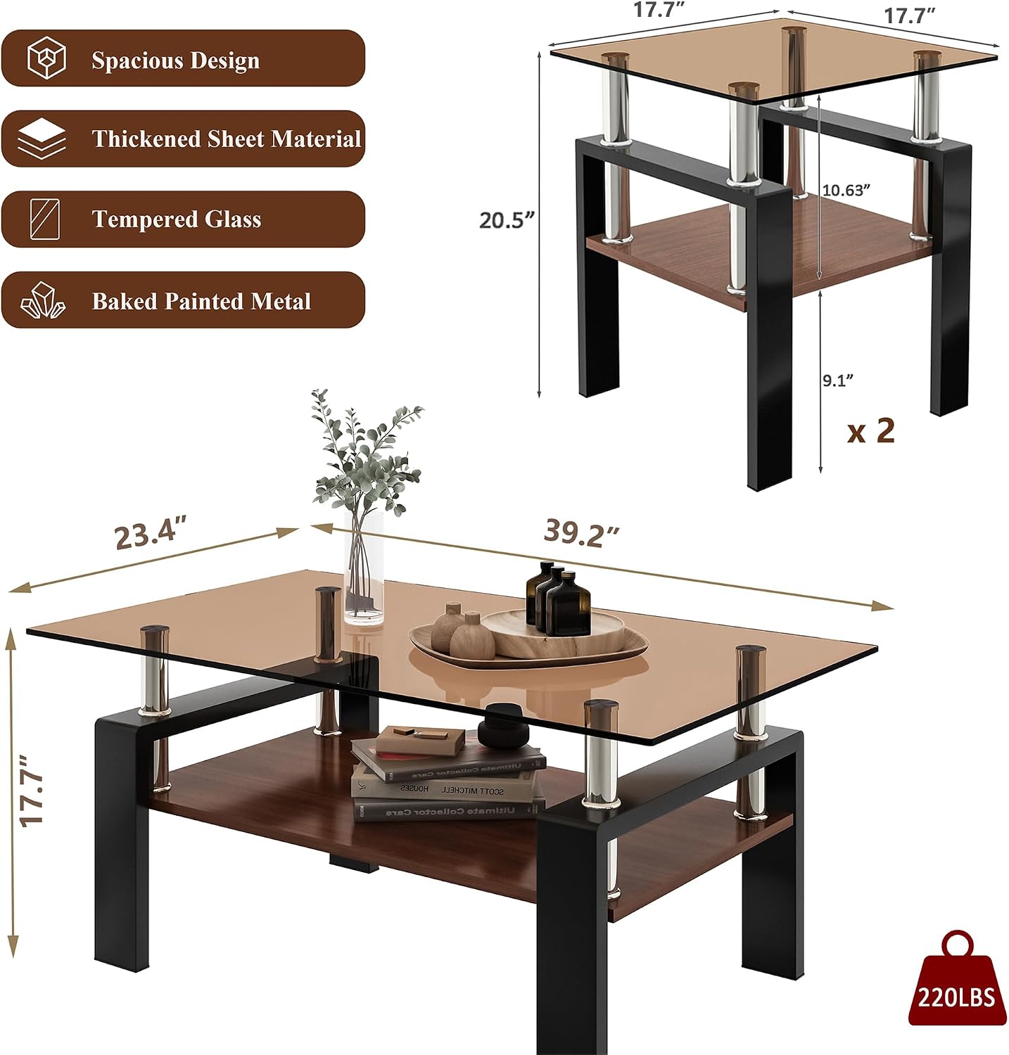 Brown Glass Coffee Table Sets of 3 for Living Room, 39' Mordern End Tables with Storage, Walnut Wooden Shelves & Black Metal Leg, Rectangle Center Table for Small Space Apartment
