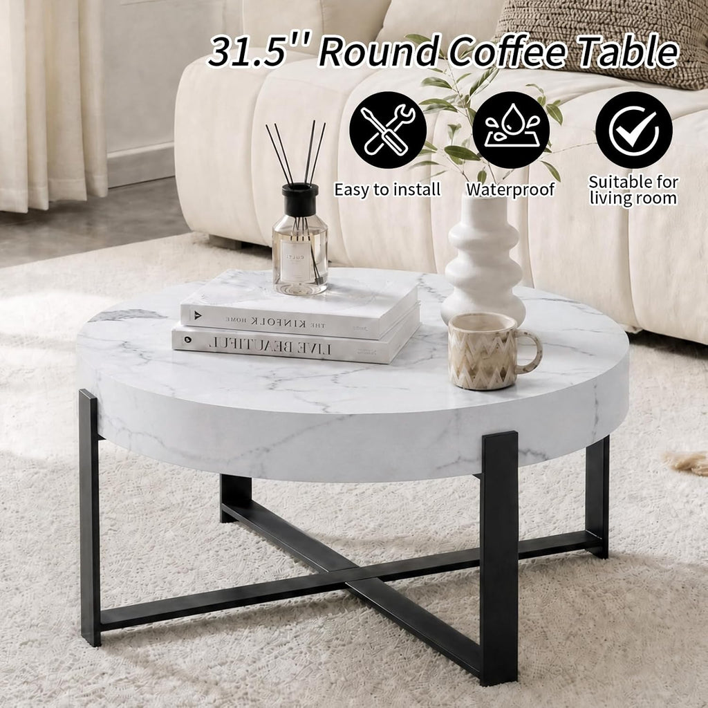 Round Coffee Table, Small Wood Coffee Table with Storage, Modern Wood Circle Table with Metal Frame, Round Accent Center Tables for Living Room Apartment Small Space