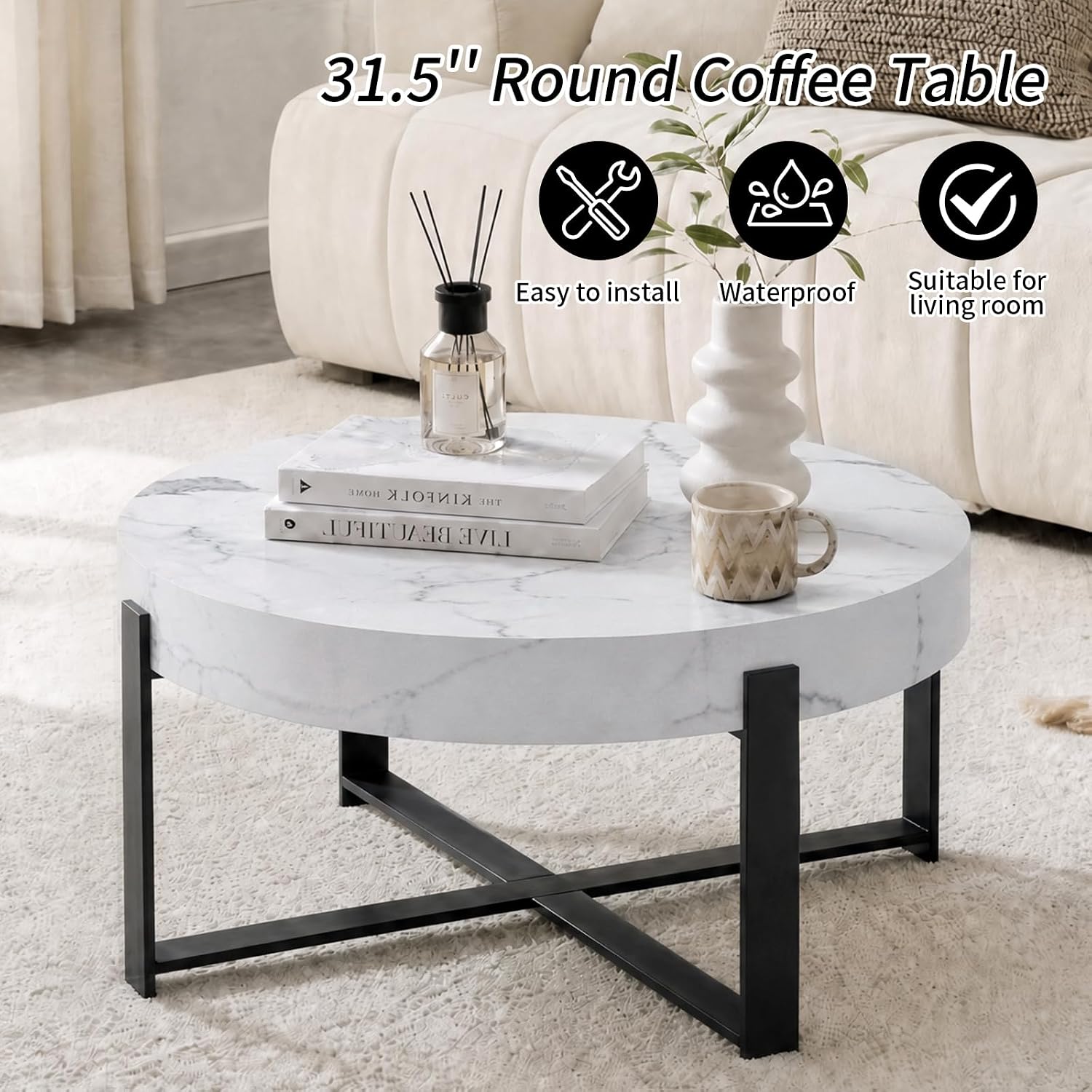 Round Coffee Table, Small Wood Coffee Table with Storage, Modern Wood Circle Table with Metal Frame, Round Accent Center Tables for Living Room Apartment Small Space