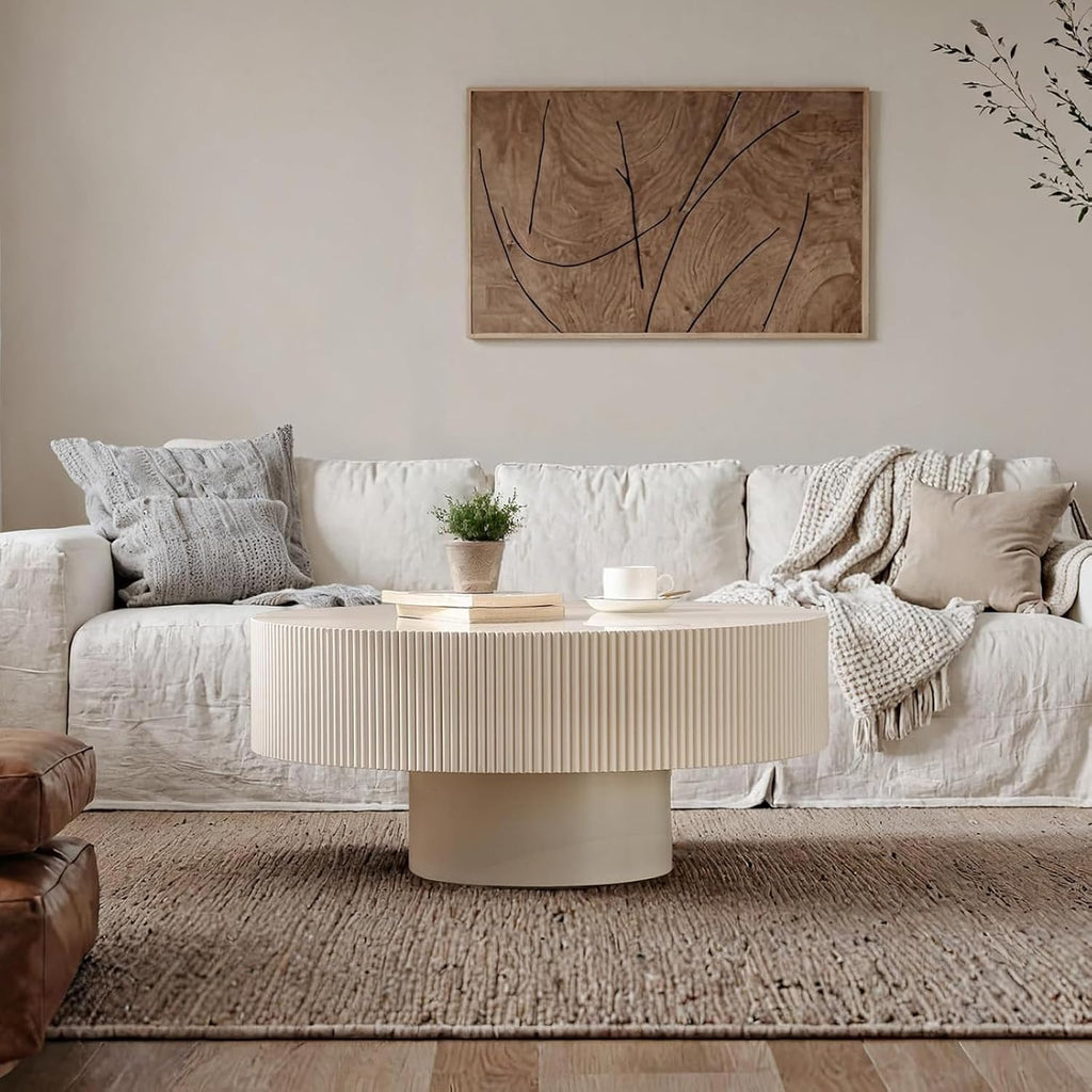 Round Fluted Coffee Table Round Drum Coffee Table for Living Room Modern Circular Pedestal Center Table (Circle Ivory White 30.9in)