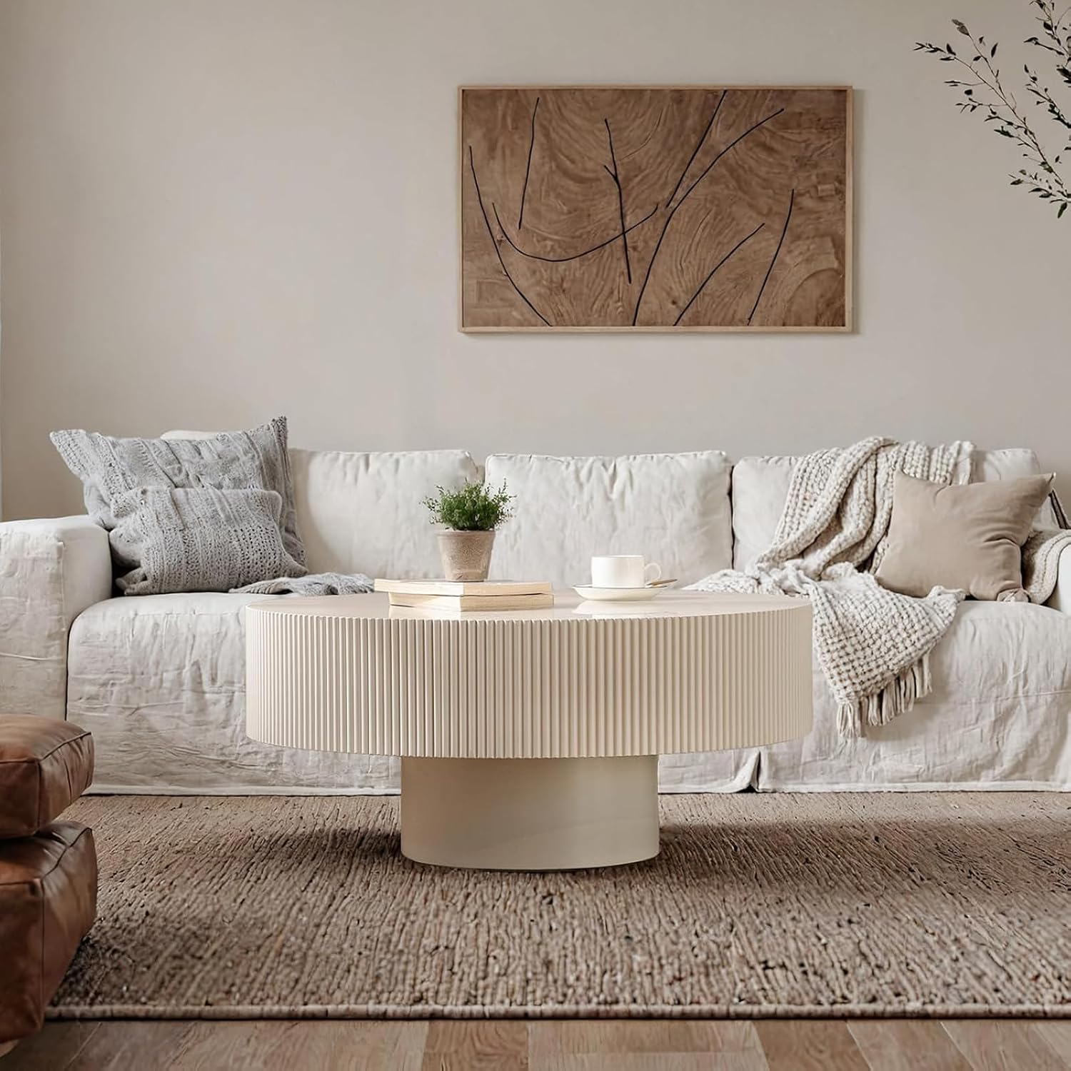 Round Fluted Coffee Table Round Drum Coffee Table for Living Room Modern Circular Pedestal Center Table (Circle Ivory White 30.9in)