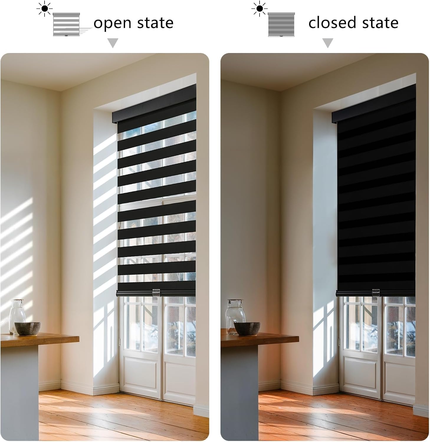 AOSKY Cordless Zebra Blinds for Windows Pull Down Roller Window Shades Dual Layer Light Filtering Privacy for Day and Night, Free-Stop Door Shades for Home Easy to Install (56' W X 72' H, Black)