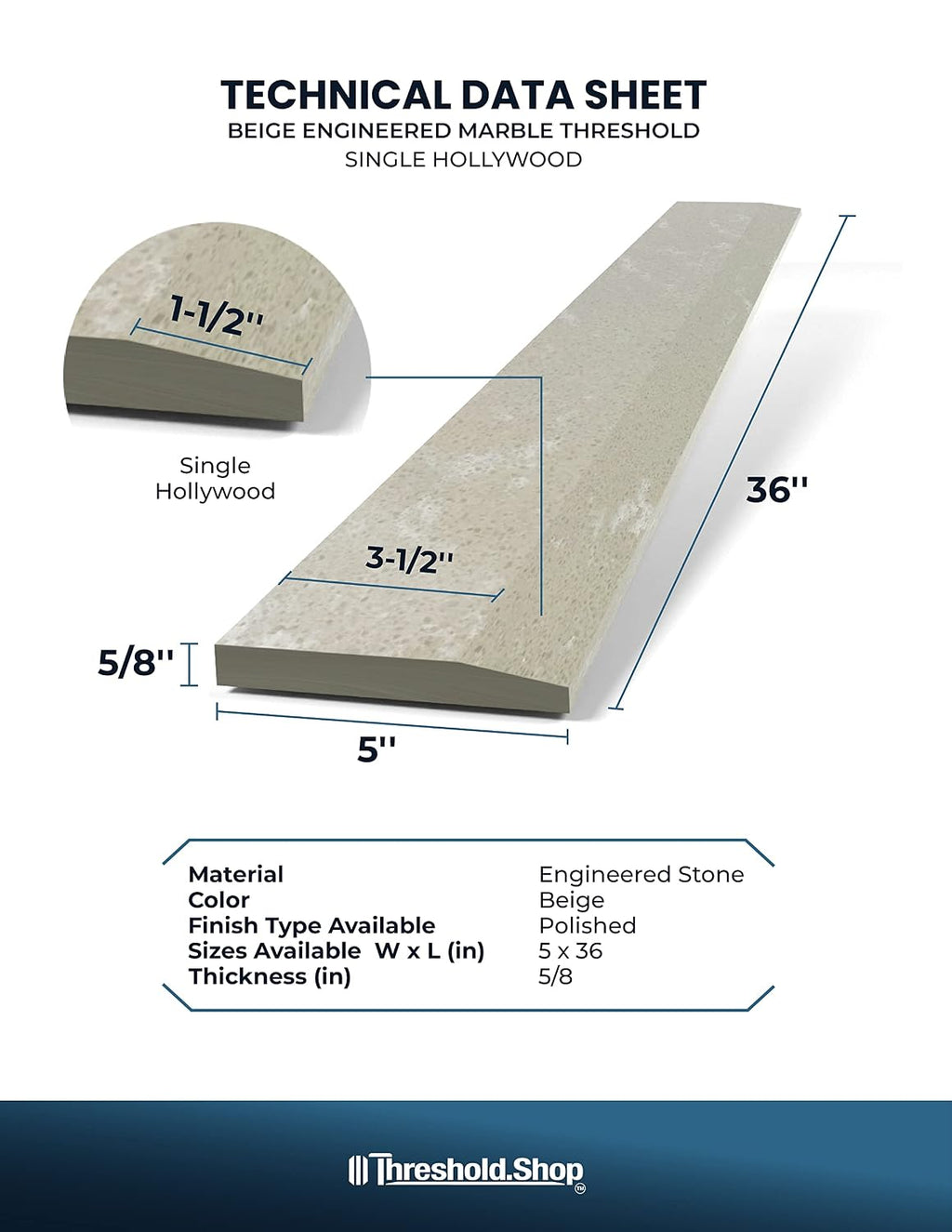 Single Hollywood Engineered Marble Threshold for FloorTransitions (Beige, 5' x 36')