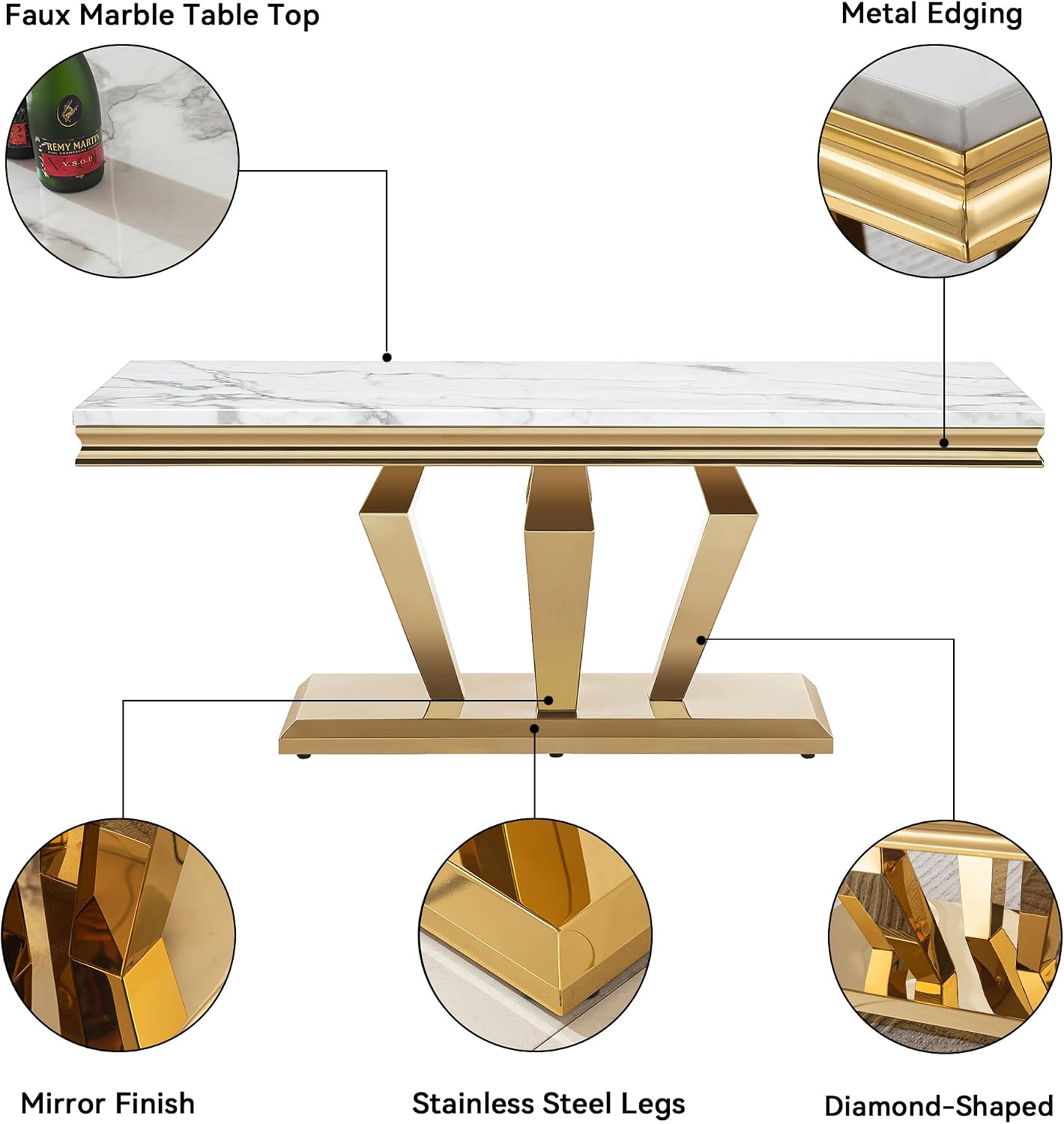 3 Pieces Living Room Table Set, Faux Marble Coffee Table Set of 3, Modern Coffee Table, Console Table and End Table with Diamond-Shaped Stainless Steel Base for Living Room (White Gold)