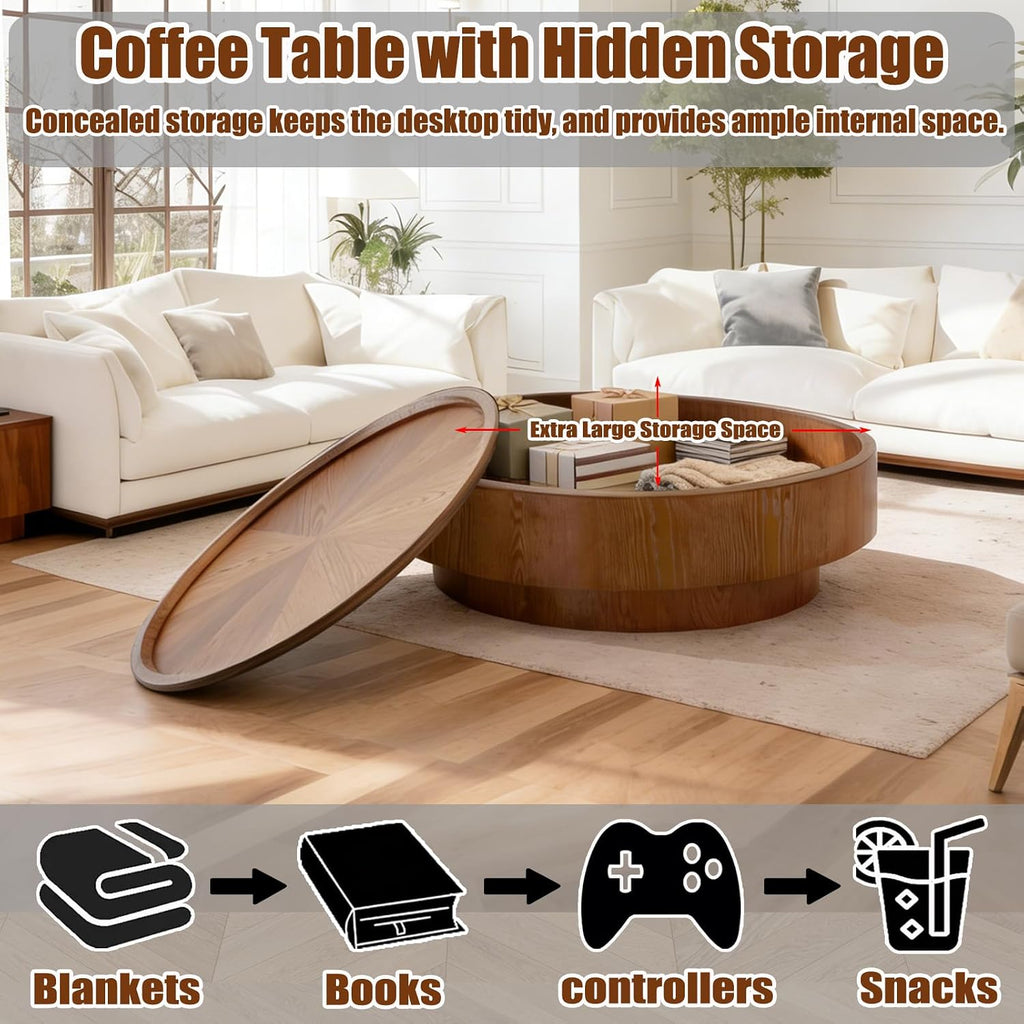 39.4'' Round Storage Coffee Table, Modern Drum Coffee Tables with Solid Wood Veneer, Wooden Circle Center Table for Living Room, Small Spaces, and Apartments, Easy Assembly