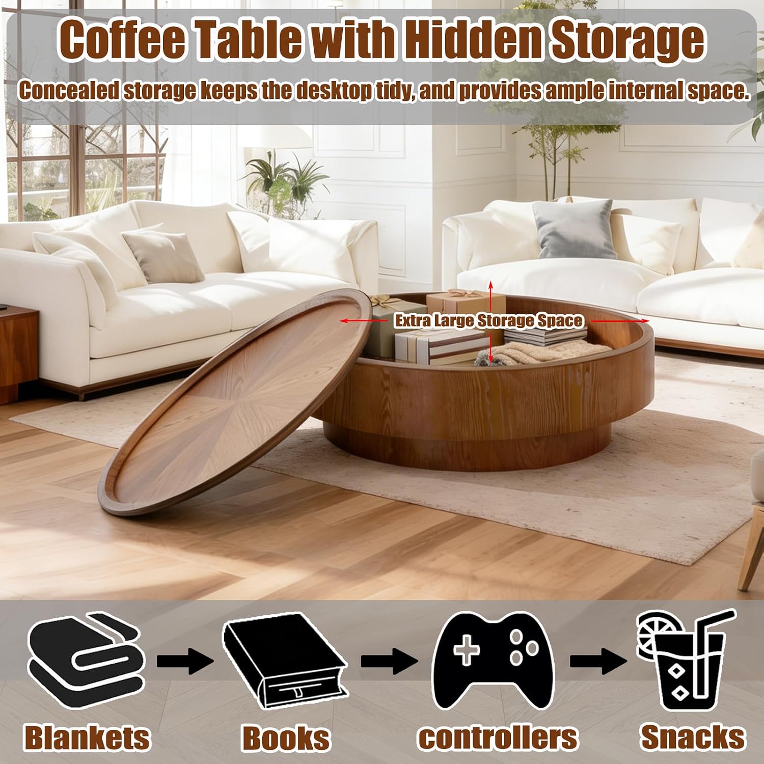 39.4'' Round Storage Coffee Table, Modern Drum Coffee Tables with Solid Wood Veneer, Wooden Circle Center Table for Living Room, Small Spaces, and Apartments, Easy Assembly