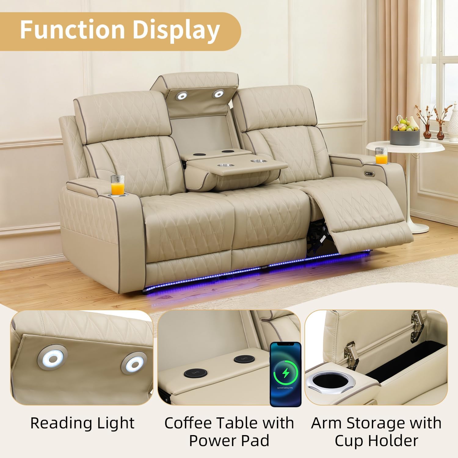 Power Recliner Sofa with LED Lights,Leather Reclining Couch with Double Recliner/USB Port/Coffee Table/Cup Holder for House/Home Theater(3 Seater Sofa,Paddy)