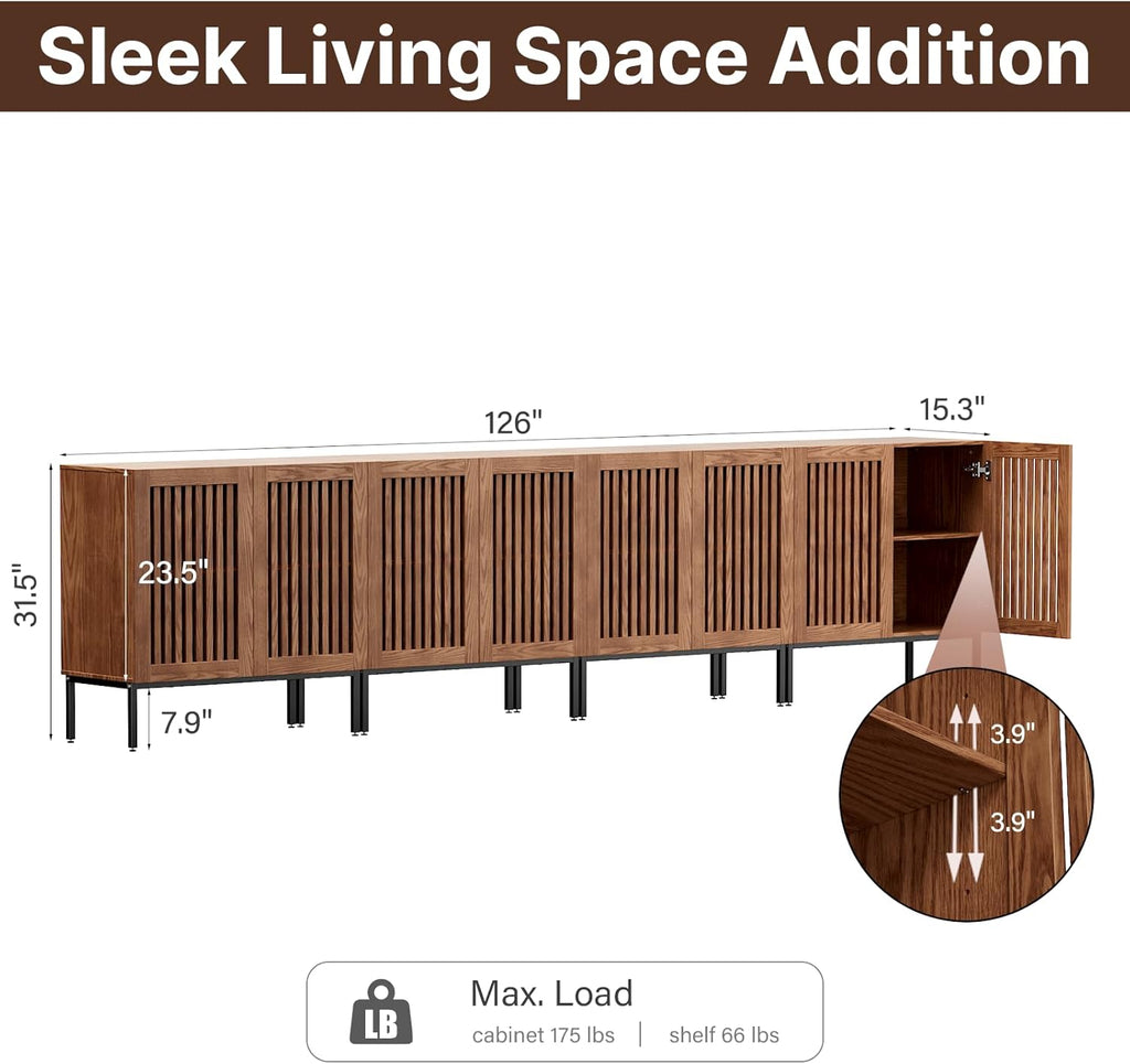 BVIUNTWO Storage Cabinet,126' Farmhouse Buffet Cabinet with Metal Base and Adjustable Shelves,Sideboard Coffee Bar with 8 Doors for Kitchen,Dining Room,Living Room,Brown