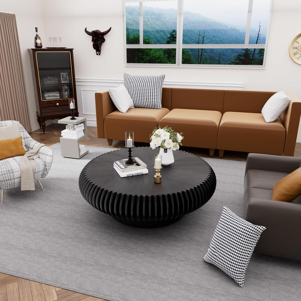 Round Coffee Table for Living Room Modern Black Fluted Coffee Table Round Drum Coffee Tables Low Circle Pedestal Center Table for Small Spaces (A Black, 39.3 in)
