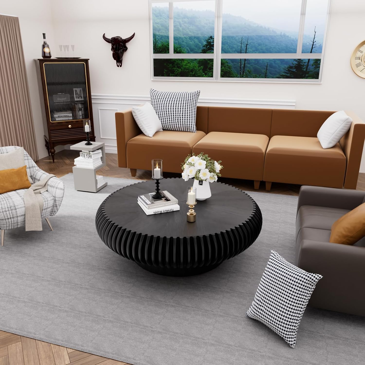 Round Coffee Table for Living Room Modern Black Fluted Coffee Table Round Drum Coffee Tables Low Circle Pedestal Center Table for Small Spaces (A Black, 39.3 in)