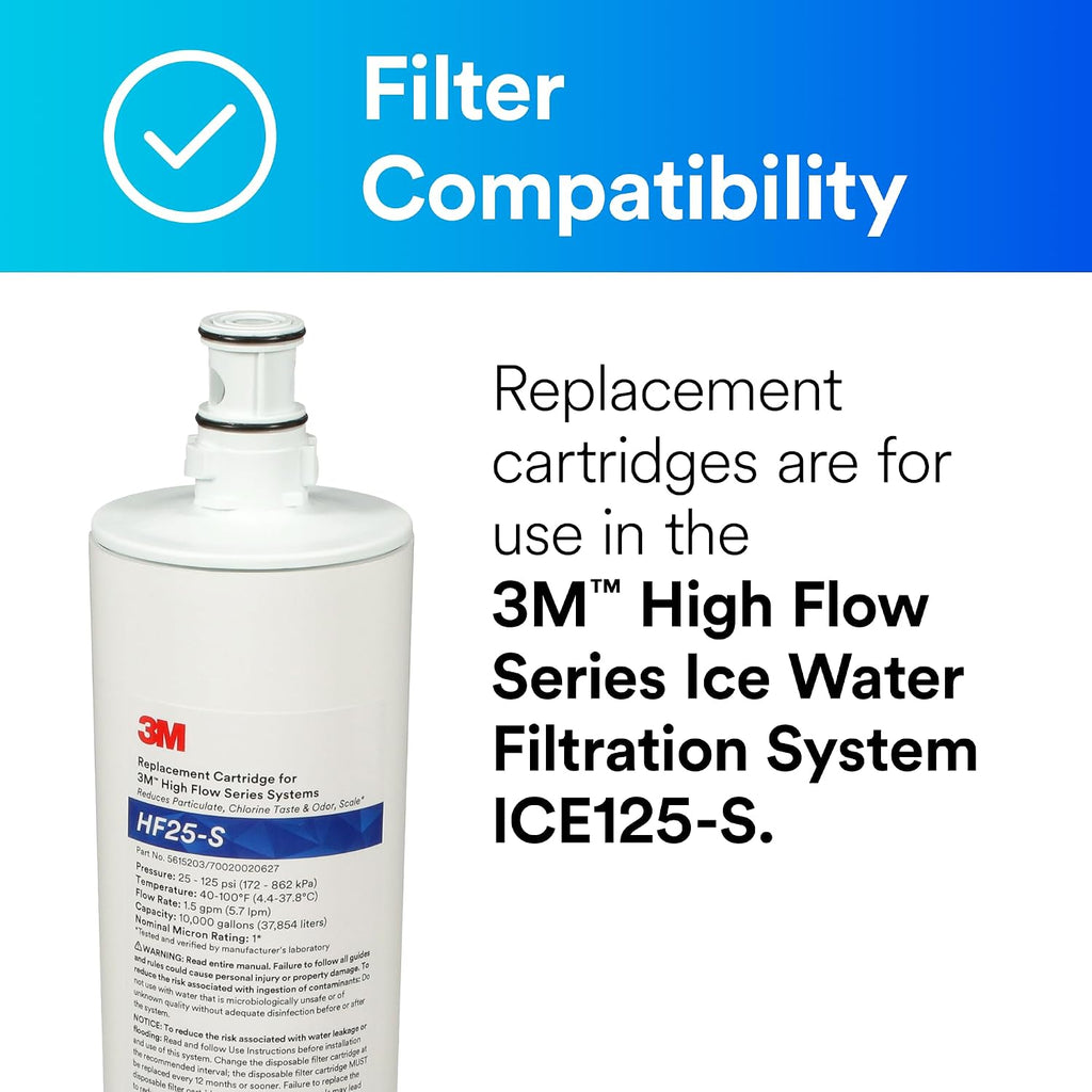 3M HF25-S High Flow Series Genuine Replacement Filter Cartridge for ICE125-S Water Filter System,Reduces Chlorine,Taste and Odor,Scale,and Particulate 1 Micron,1.5 gpm,5615203,(Pack of 6)