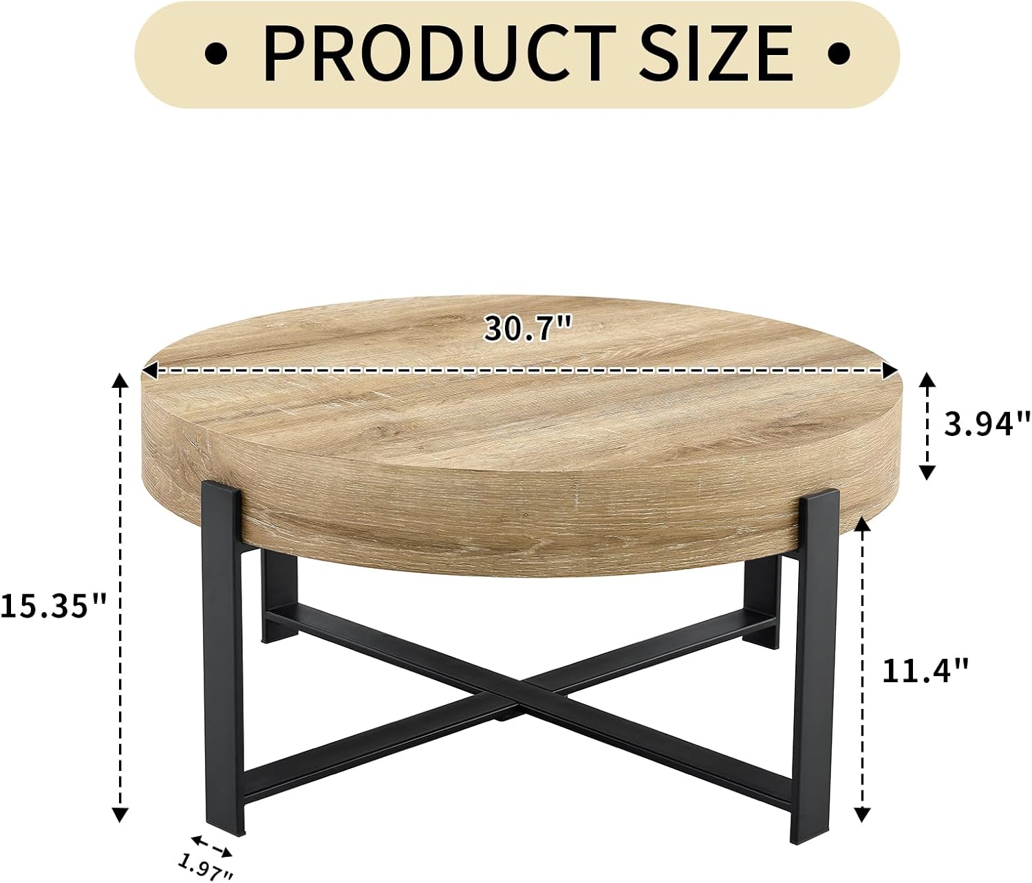 Round Coffee Table, 30.7' Modern Coffee Tables for Living Room, Circular Wooden Center Tea Table with Metal Legs for Apartment Office Small Space, Natural