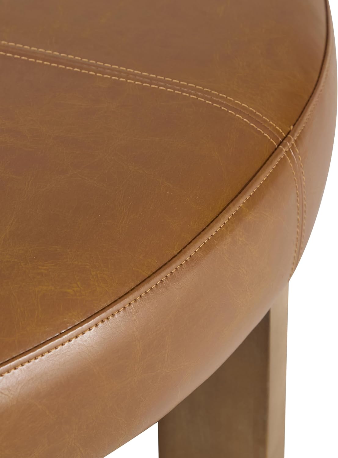 Christopher Knight Home Ladin Modern Round Ottoman Coffee Table, Faux Leather Cocktail Ottoman for Living Room Sofa, Entryway Comfortable Footstool, Wooden Ottoman Foot Rest, Light Brown+Walnut