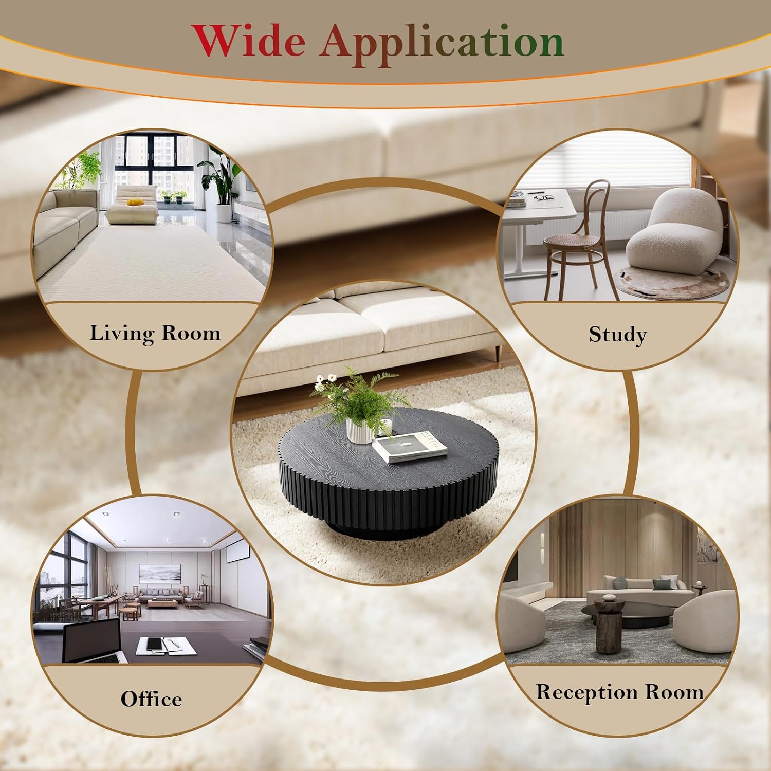 Black Fluted Coffee Table Mid Century Circle Center Tables for Living Room Chic Round Drum End Table for Small Space Easy Assembly (Round Black 31.5in)