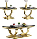 Henf 3 Piece Living Room Table Set, Faux Marble Coffee Table & 2 End Tables, Luxury Black Gold Coffee Table and End Table Set of 3 with Mirrored Stainless Steel Base for Living Room Apartment