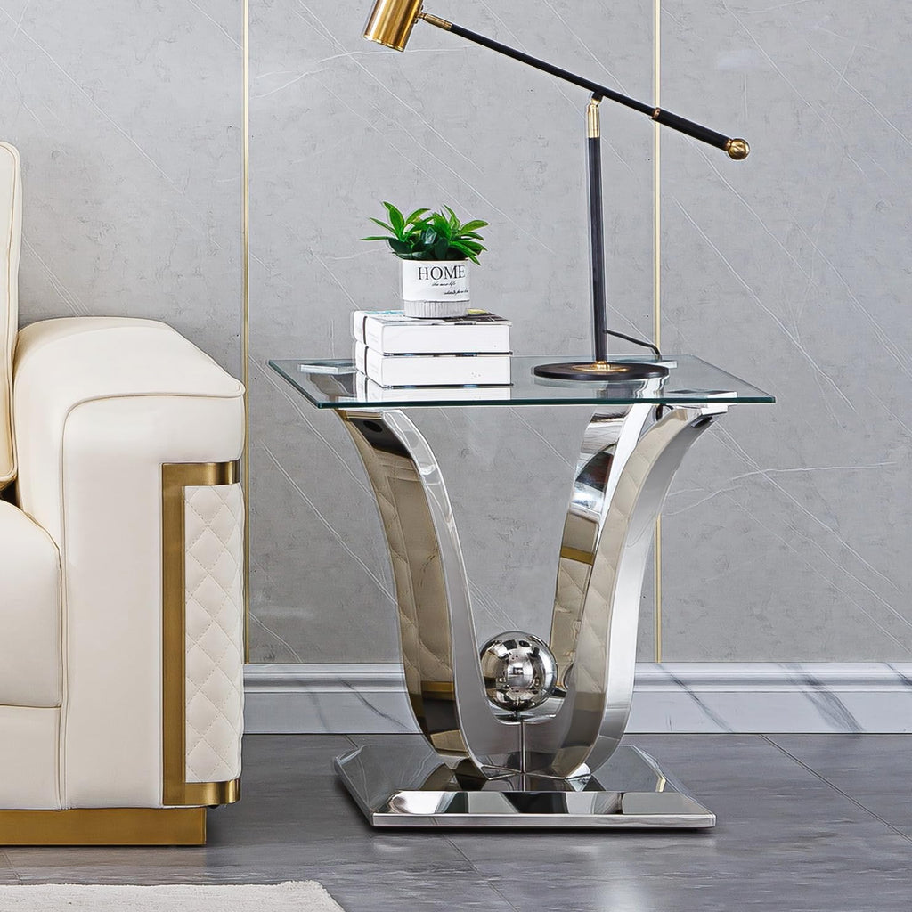 SSLine Modern 3 Piece Living Room Table Set, Includes 1 Coffee Table & 2 End Tables, Luxury Tempered Glass Coffee End Table Set with Flower-Shaped Stainless Steel Base