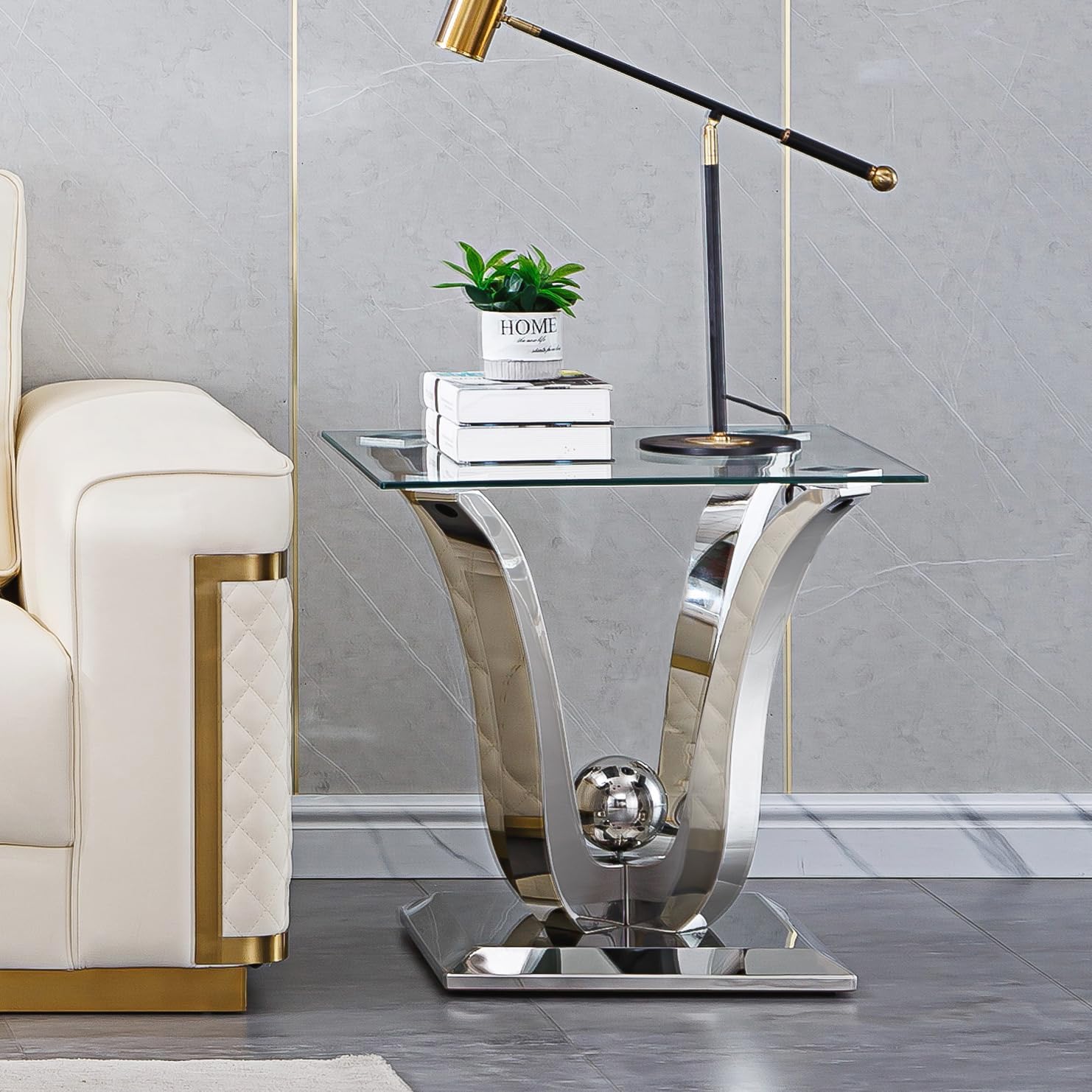 SSLine Modern 3 Piece Living Room Table Set, Includes 1 Coffee Table & 2 End Tables, Luxury Tempered Glass Coffee End Table Set with Flower-Shaped Stainless Steel Base