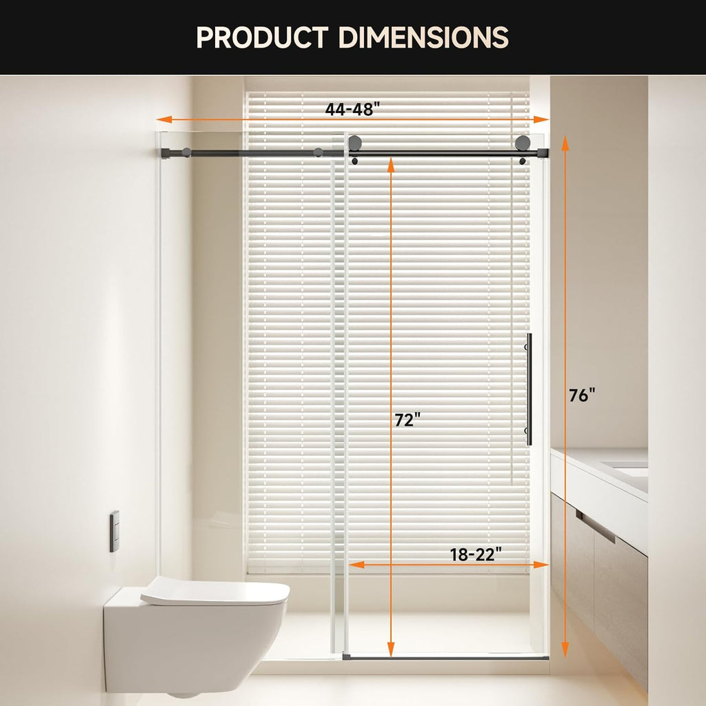 Frameless Shower Door, 44-48' W x 76' H 8mm Single Sliding Shower Door with 5/16' Clear Tempered Glass, Bathroom Glass Door for Walk-in Shower, Black