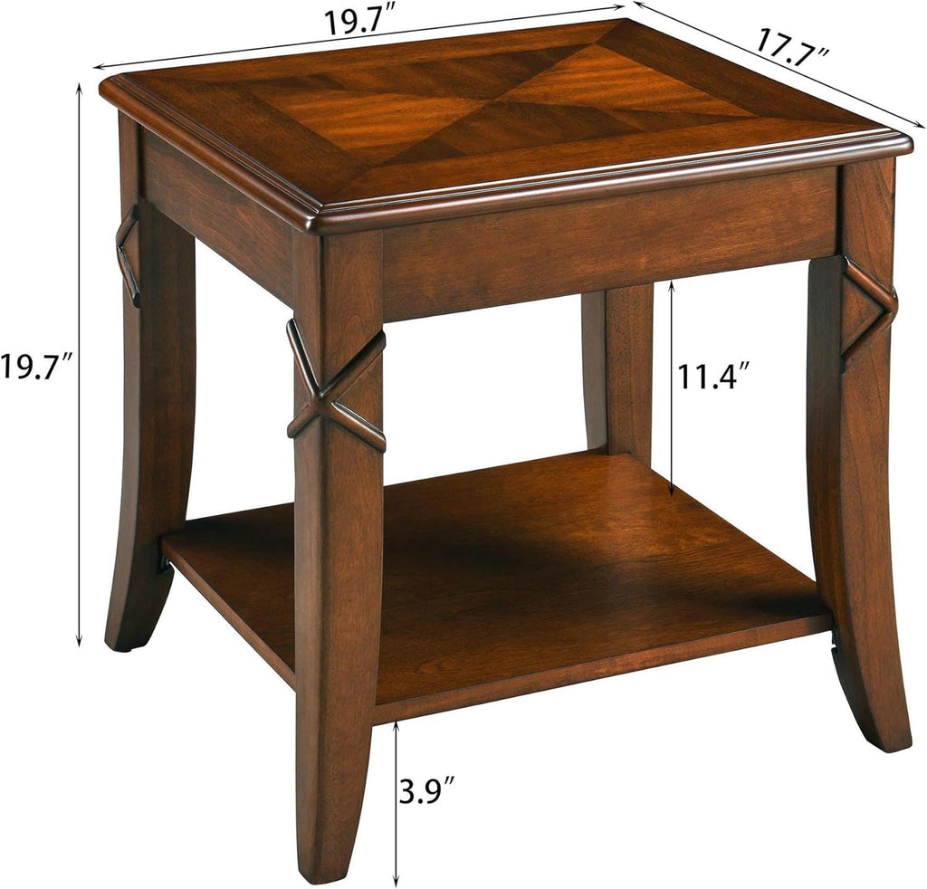 Mid-Century Modern Living Room Coffee Table Set, 2-Piece Solid Wood Living Room Table Set, 1 Solid Wood Coffee Table with Storage Shelf and 1 End Table, Cherry Walnut KFZ-DR200-2