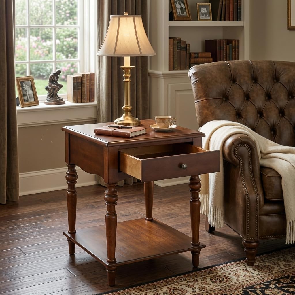 End Table with Drawer and Storage Shelf, Solid Wood Sofa Side Table, Square Beside Table, Telephone Table for Living Room,18.9'L x 18.9'W x 24'H, No-Tools Assembly, Caramel Brown BZ-C008-DR