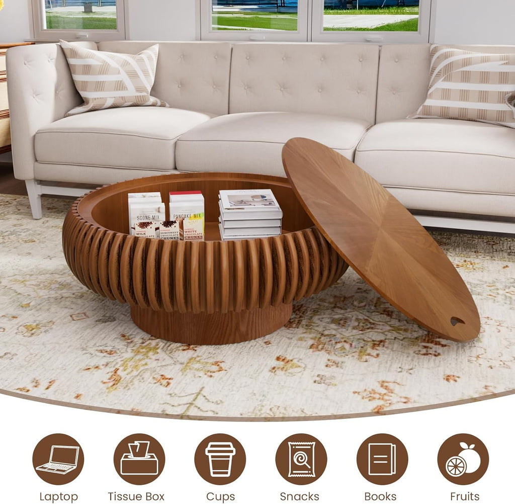 Round Fluted Coffee Table with Storage for Living Room, Modern Wooden Drum Coffee Table with Solid Wood Veneered, Circle Accent Tea Center Table for Small Space Apartmen (Brown, 31.5' with Storage)