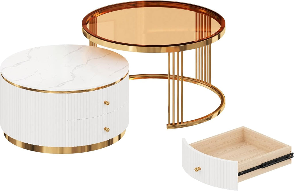 Modern 2 Pieces Round Nesting Coffee Table with Drawers and Brown Tempered Glass Top（27.6'+23.6'