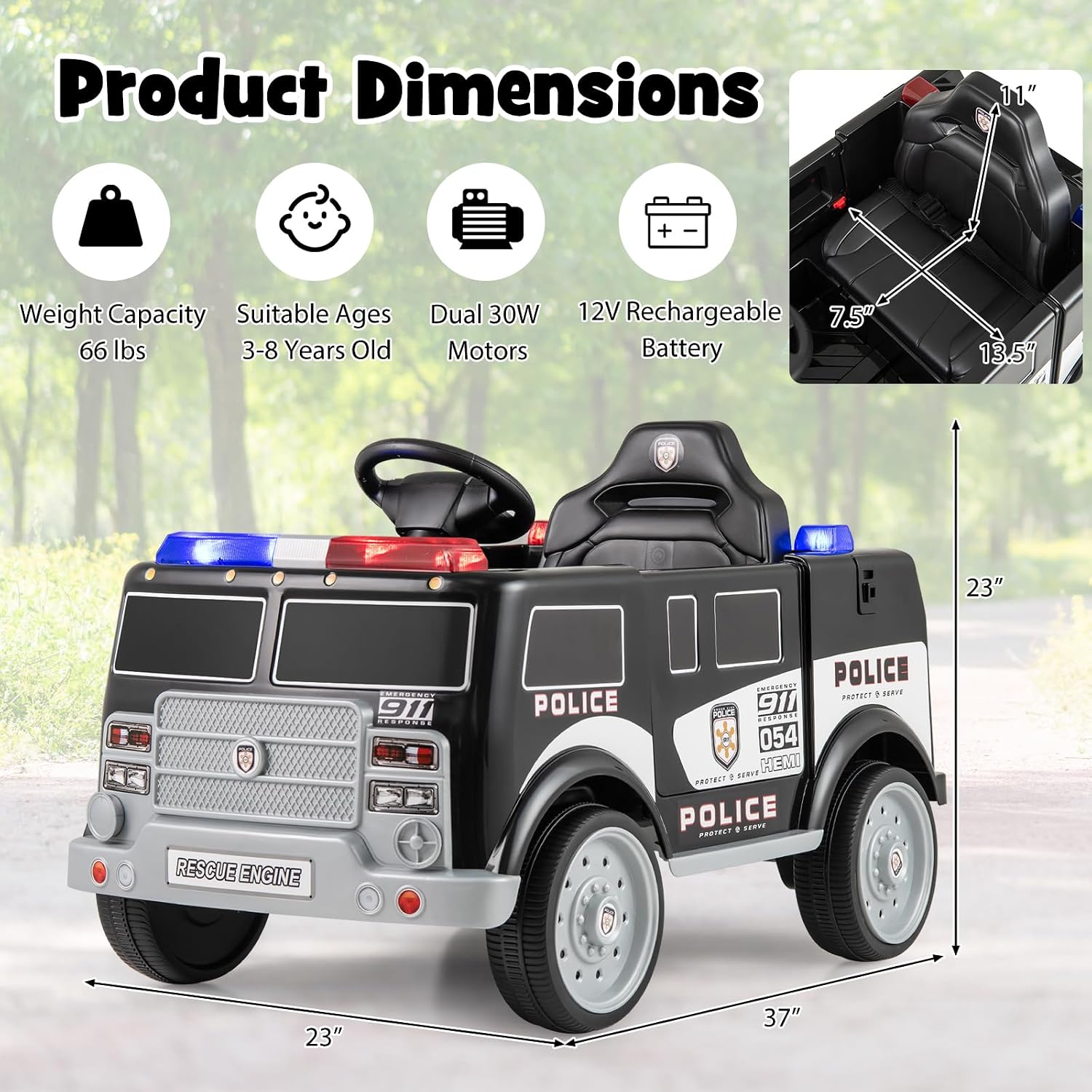 Costzon Ride on Police Car, 12V Battery Powered Electric Cop Cars for Kids w/3 Speeds, Megaphone, Music, FM Radio, Flashing Lights, Sirens, Ride on Toy w/Remote Control for Boys Girls 3+(Police Truck)