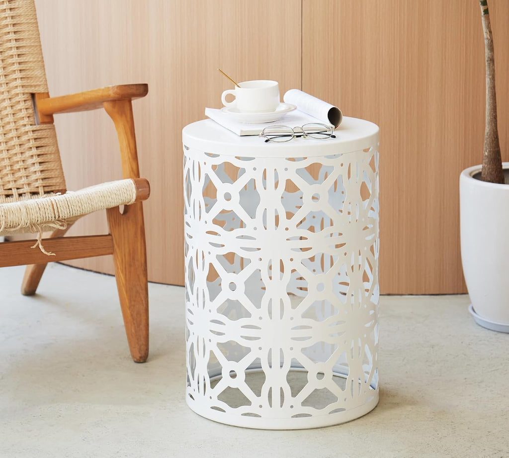 HFHOME Set of 3 Metal Outdoor Side Table, Nesting Round Coffee Table for Indoor Outdoor, Heavy Duty End Tables Plant Stand Living Room Garden Stool - White