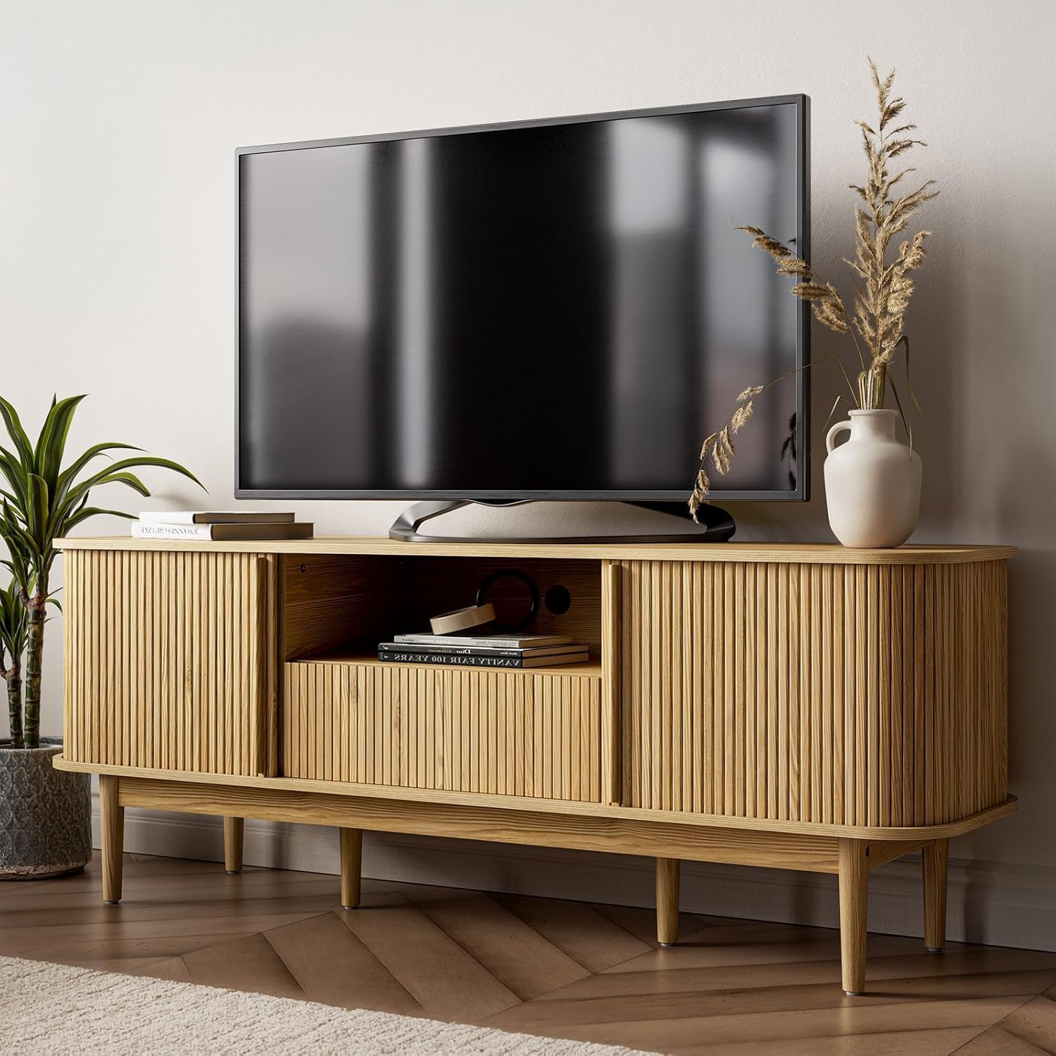 MAISONARIA Living Room Table Sets of 2, Fluted Coffee Table & Dresser TV Stand, Coffee Table with Storage, Sliding Doors TV Stand for Living Room (Natural)