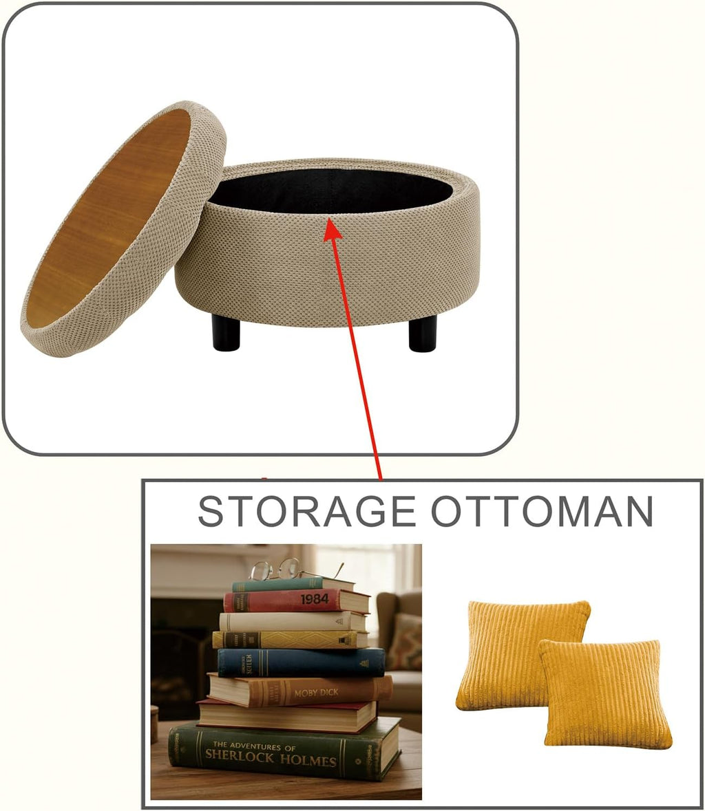 Round Storage Ottoman with Reversible Tray Lid, 25' Upholstered Button Tufted Coffee Table with Storage Foot Rest Stool for Living Room, Bedroom, Entryway, Camel