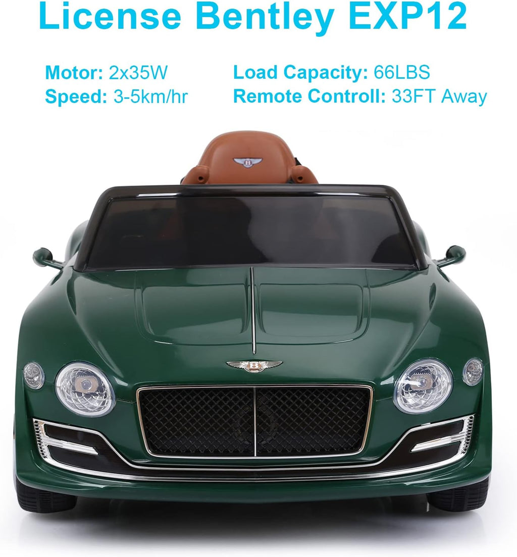 SEHOMY Kids Ride on car with Remote Control 12V, Bentley Style Electric Car Kids Battery Powered Motorized Vehicles with Seat, 2 Speed, LED Lights, MP3, Music, Horn, TF Card, USB Port, Green