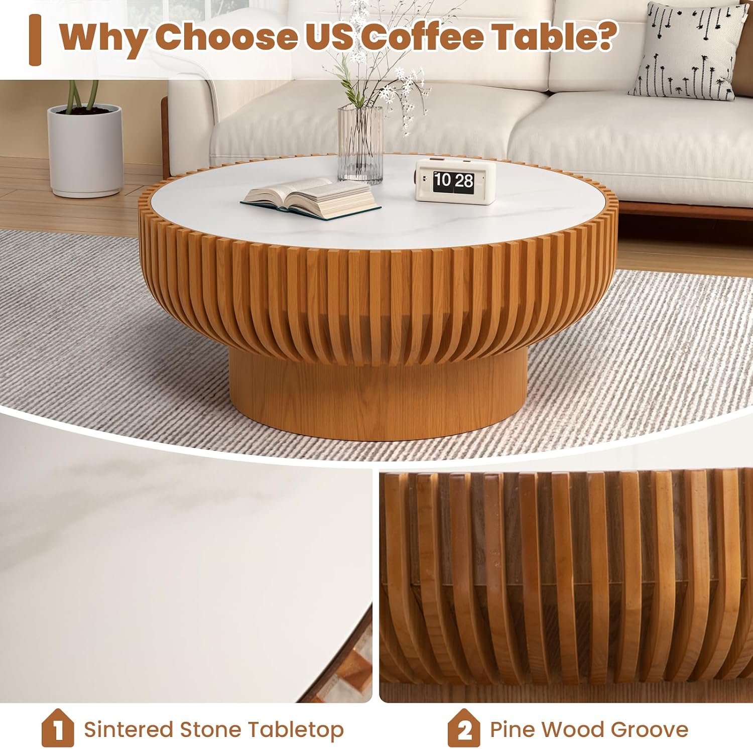31.5' Round Coffee Table with Sintered Stone Tabletop, Modern Drum Fluted Center Table with Pine Wood Veneered, Unique Circle Wood Coffee Table for Living Room (Brown, 31.5' Sintered Stone Tabletop)